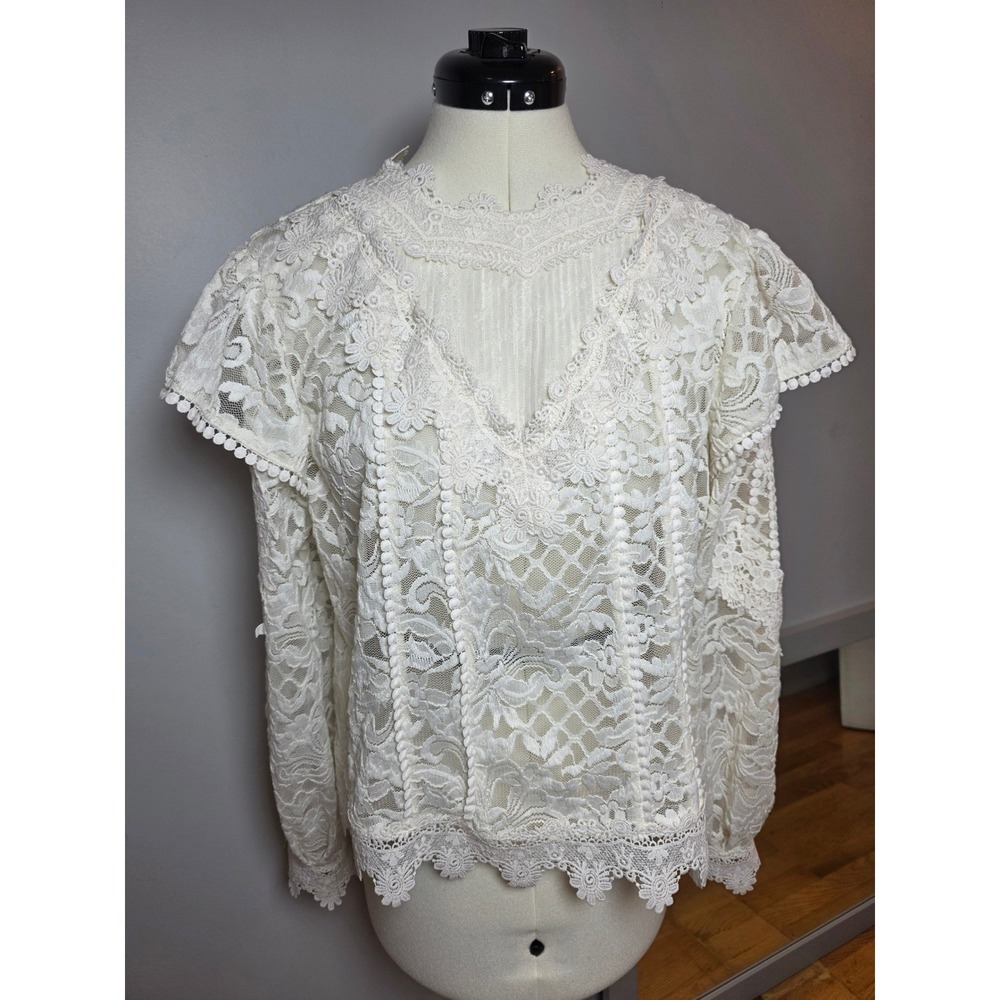 Ultra Pink Women Large Cream Floral Lace Boho Cottagecore Blouse Pom Pom Trim